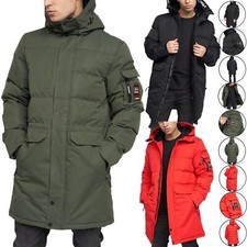 Mens Crosshatch Long Below Knee Parka Coat Puffer Padded Hooded Bubble Jacket