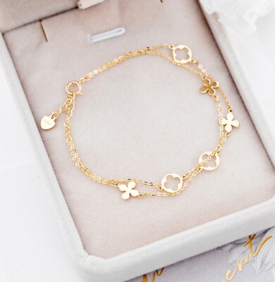 14K Real Gold Double Layer Charm Bracelet Women Dainty Flowers 2 Wraps Bracelet