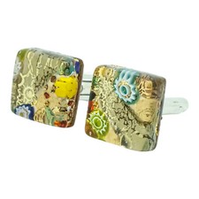 Murano Glas Manschettenkn&ouml;pfe Gold Multi Millefiori Paar Eckig