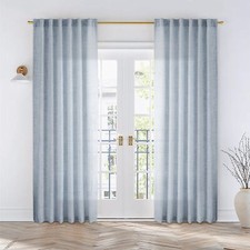 Dusty Blue Linen Curtains 84 Inches Long for Living Room 2 Panels Set Back Ta...