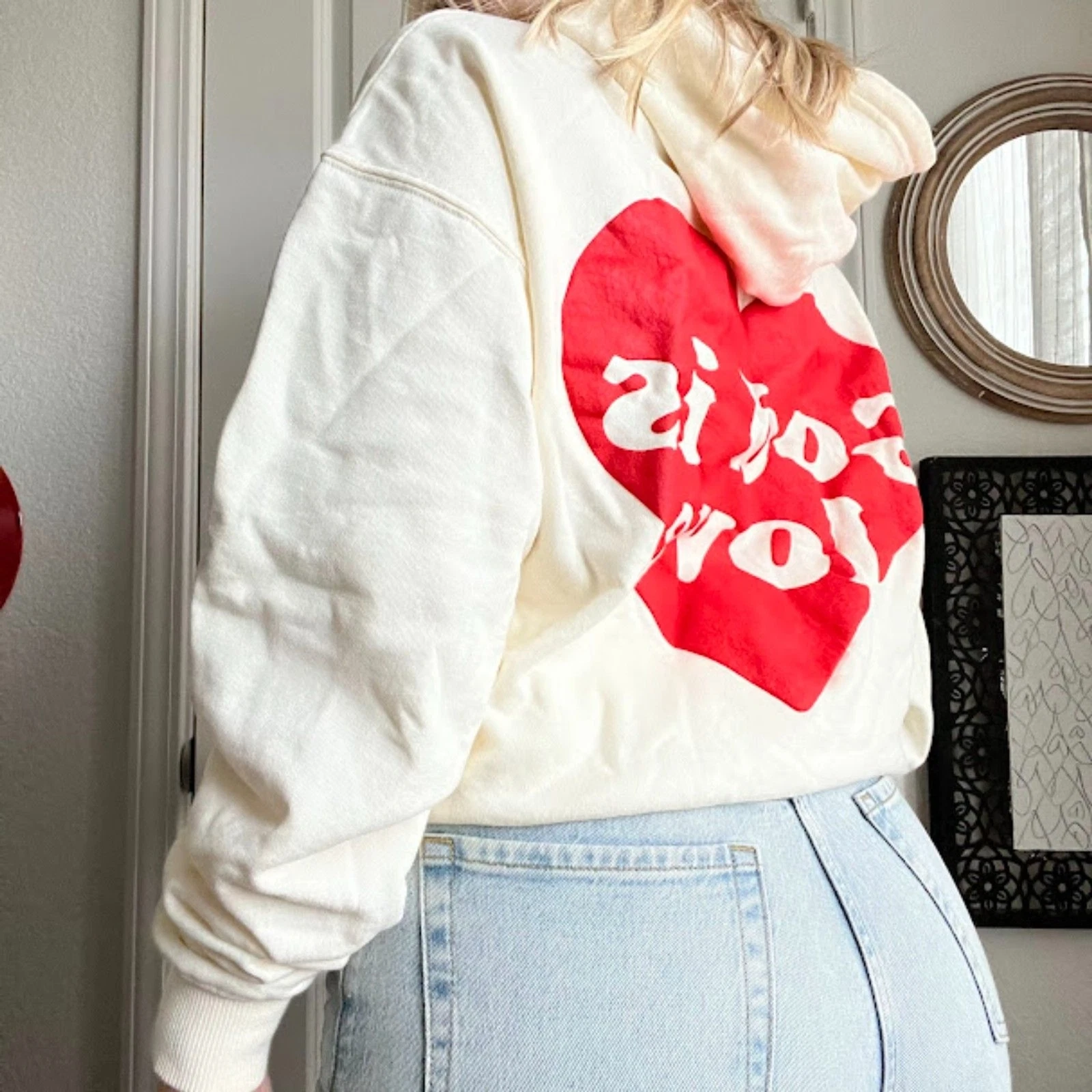OFF WHITE Felpa con cappuccio grafica pull over avorio e rossa nuova senza etichette Elevata Faith God Is Love taglia S