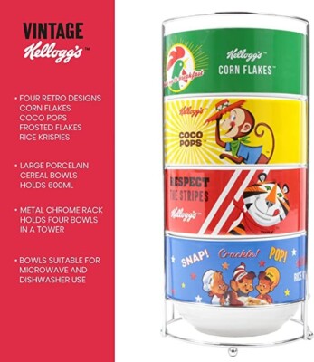 Kellogg's Ceramic Cereal Bowls With Stacking Rack Gift Set Very Rare!  UK