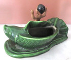 Rare Vintage MCM Ceramic Planter Man Big Green Koi Fish Hoop Earrings Hawaiian — photo 6