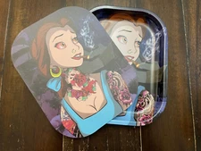 Premium Rolling Tray Ash Tray Magnet Lid Belle Beauty and Beast 7inx5.5in