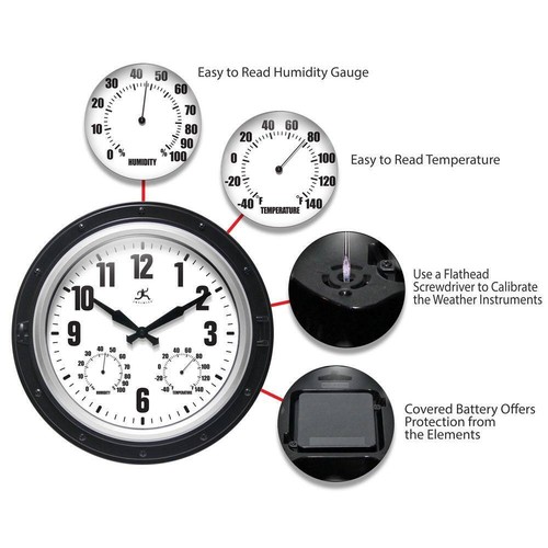 Wall Clock 16 in. Dia Round Forecaster Black Built-In Thermometer Hygrometer - Picture 5 of 7