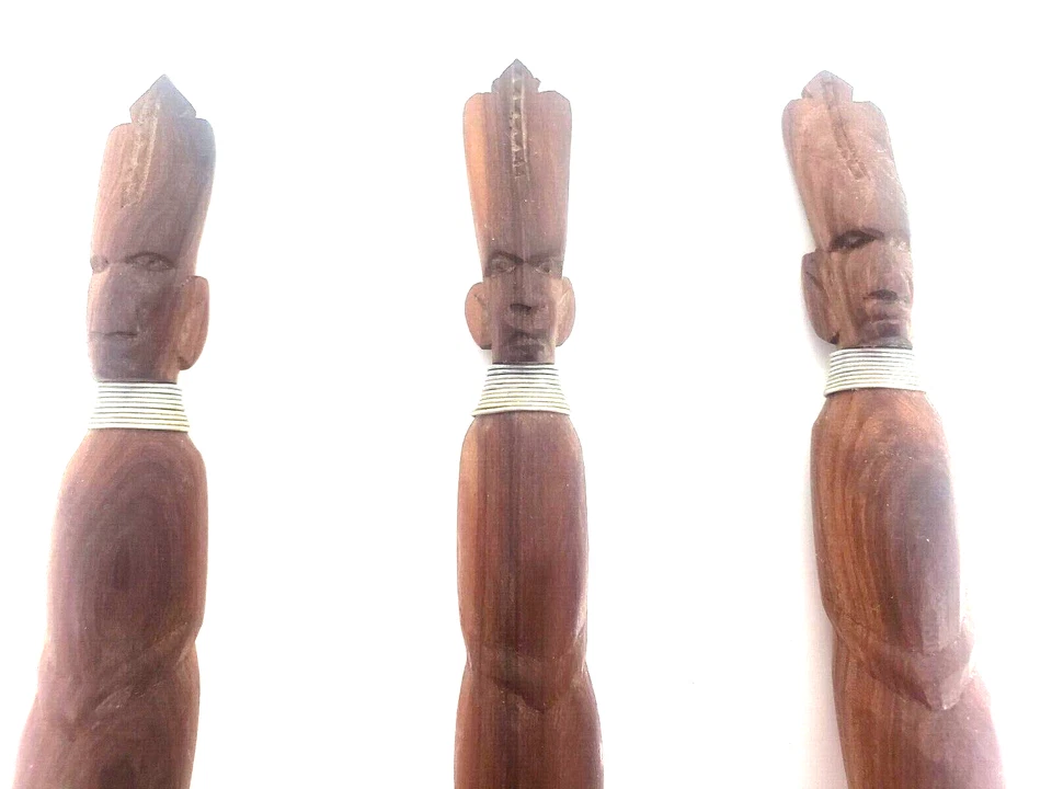 VTG 1950s AFRICAN HAND CARVED WOODEN SERVING FORK KNIFE & SPOON TIKI 14" TALL - Изображение 3 из 4