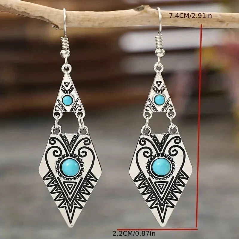 Pendientes Colgantes Tallados Forma Geométrica Turquesa Plateados Retro Bohemios Boho Nuevos Foto 4 de 4