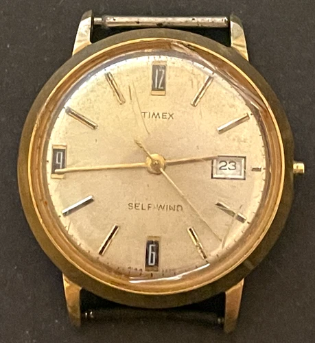 Vintage Timex Self-Wind Men's Automatic Watch Ticks Parts Gold Case
