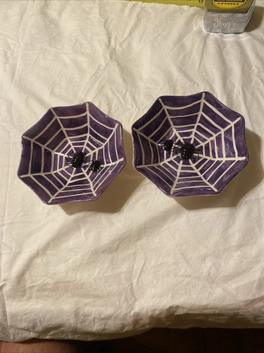 Vintage Ceramic Spider Web Halloween Candy Bowl Dish Serving Purple And White