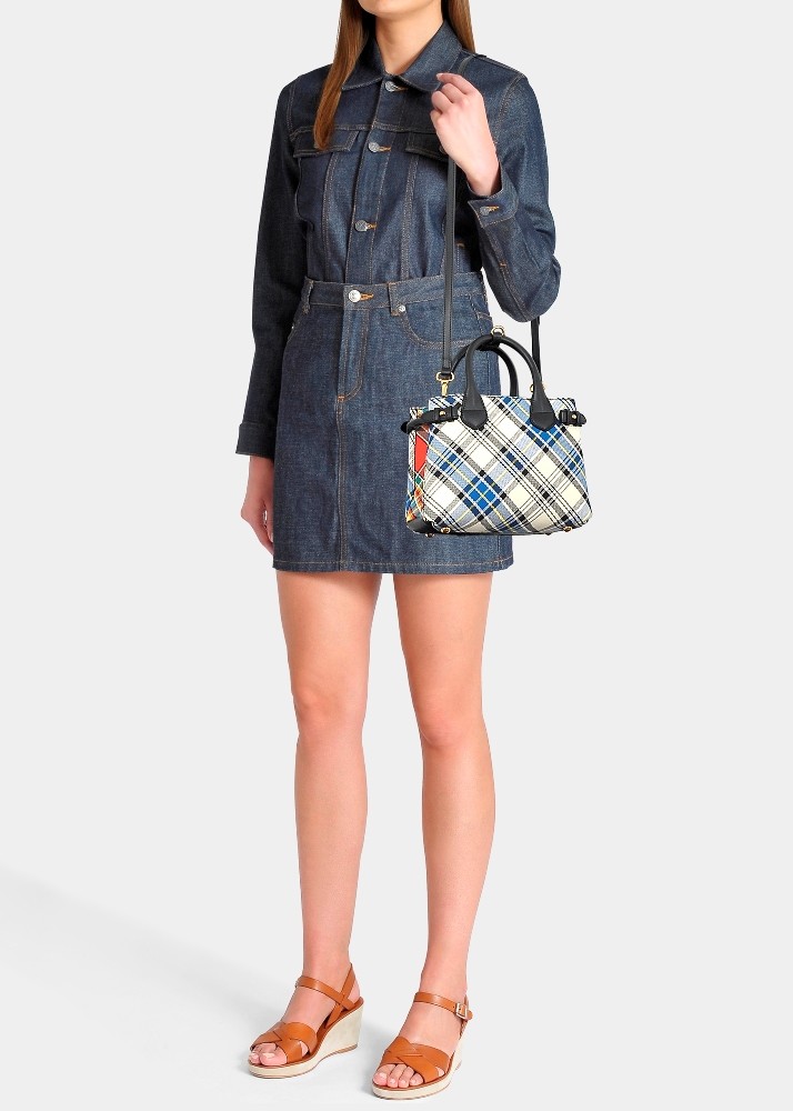 Burberry Women's Small Banner Tartan Mix & Leather Tote,Chalk White, MSRP $1,290 image 10