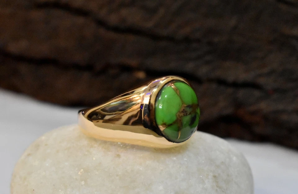 Anillo de piedras preciosas turquesa redondas verdes naturales de plata de ley 925 con oro amarillo Foto 2 de 4