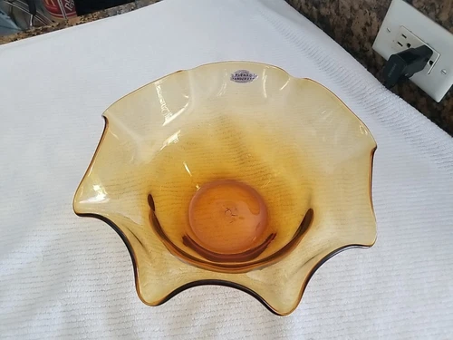 Blenko Glass Wavy Ruffled Top Bowl 5.5" X  11" Vintage Foil Sticker Beautiful