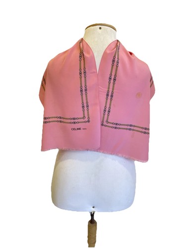 AS15# VTG CELINE PARIS Pink Silk Scarf Triomphe Macadam Chain Border Oblong Long