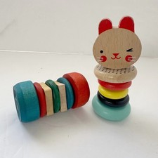 Montessori Wooden Toy Bundle Lot of 2 Petit Collage Bunny Vintage Roll Rattle