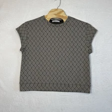 See and Be Seen Shirt Women's M Tan Black Geometric Print Boxy Top Sleeveless