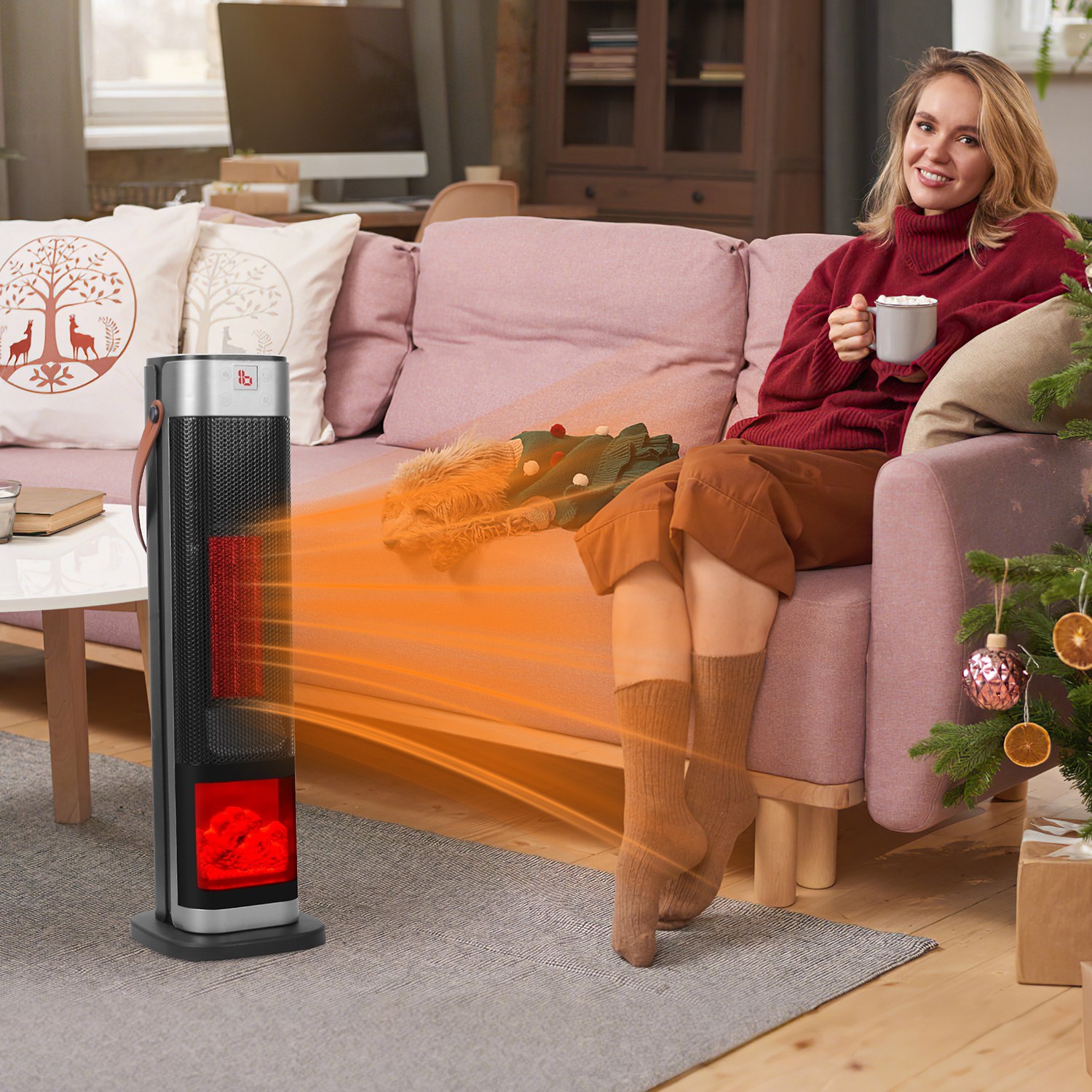 1500W Space Heater 90&deg; Oscillation Thermostat Electric Heater 3D Flame Effect