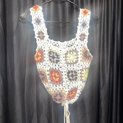 POL Crochet Tank Top S Granny Square Bohemian Square Neckline Tie Strings