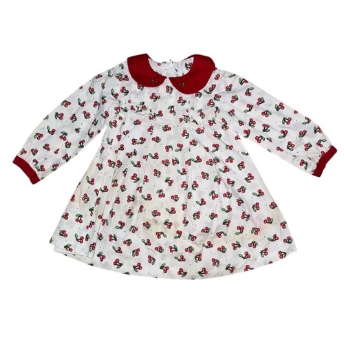 Handmade Mädchen Kirschmuster L/S Kleid Größe 2T Popeline Baumwolle Knielang BTS Luxe