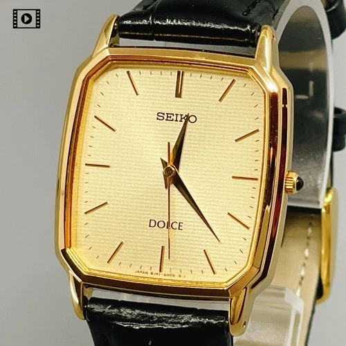 Vintage 1996 【Near Mint】 SEIKO Dolce 8J41-5000 Gold Mens 27mm Qz Watch -US Stock