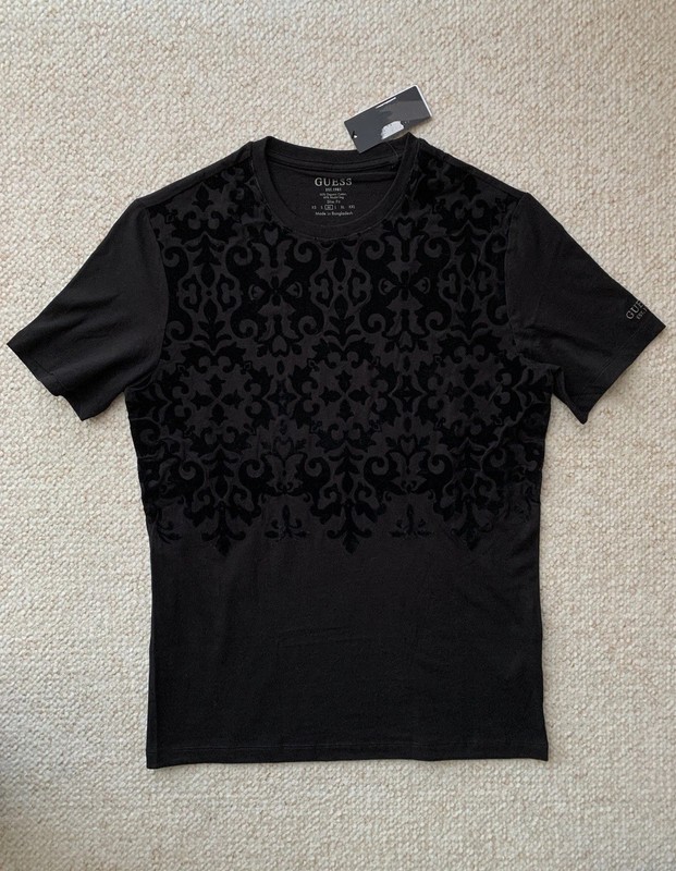 Guess Men Flock T-shirt, Front Ornate Jet Black, Organic Cotton, Sz M Slim Fit