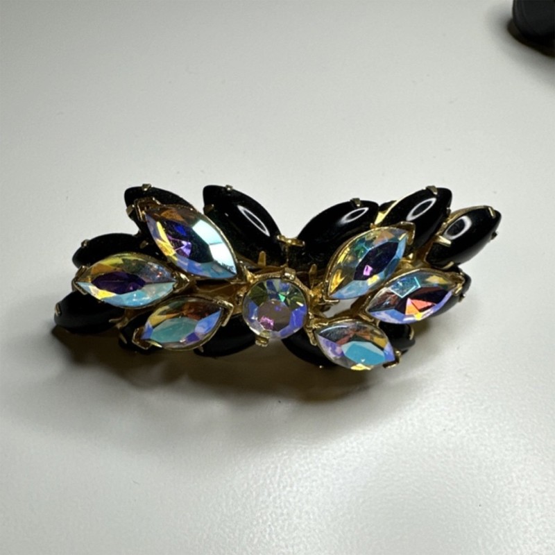 Vintage Black Aurora Borealis Rhinestone Hair Barrette Gold Tone Clip