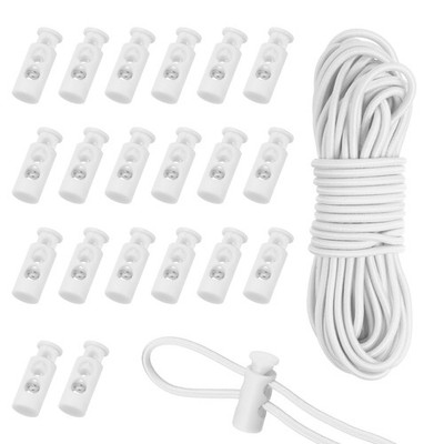 20Pcs Plastic Cord Locks 16ft Elastic Cord Double-Hole Toggles White