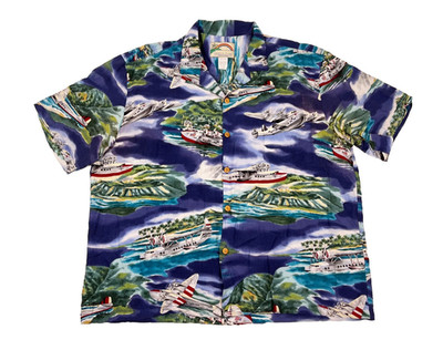 Vintage Paradise Found Airplane Planes Print Rayon Hawaiian Shirt Mens XL
