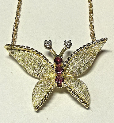 14K Gelbgold Rubin & Diamant Schmetterling Charm Anhänger Halskette fein Nachlass Artikel