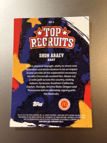 2025 Topps Chrome McDonald's #TP-1 Shon Abaev Top Recruits Blue Raywave BEARCATS - Picture 2 of 2