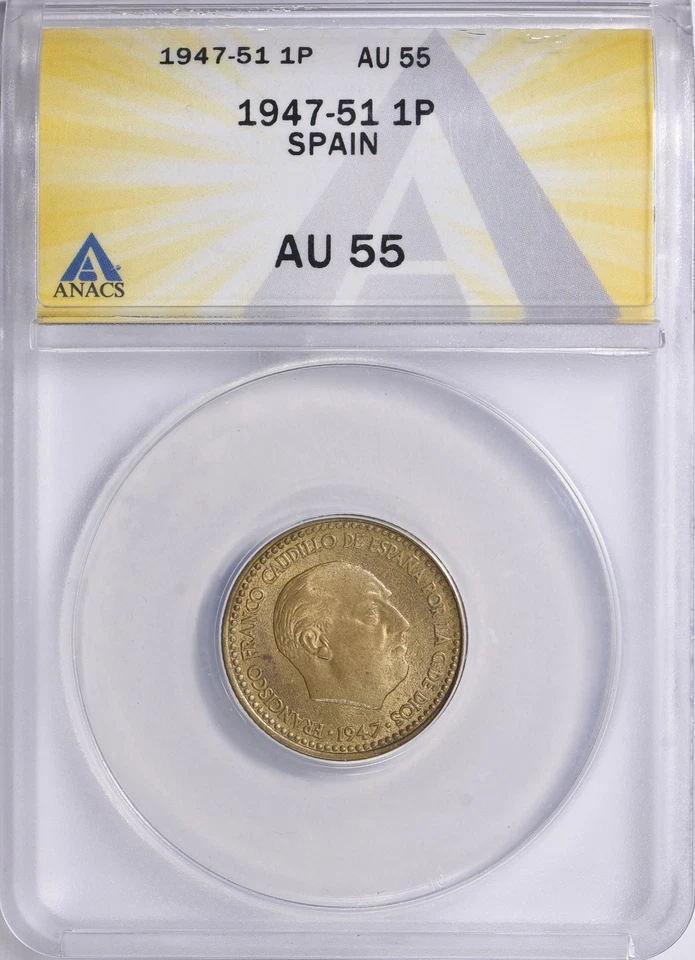 Spain 1947 (1951) Peseta KM-775 ANACS AU-55 Semi-Key Date Post-WWII Spanish Coin - Image 2 of 3