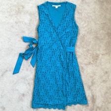 DVF Diane Von Furstenberg Julianna Two Turquoise Blue Lace Wrap Dress Size UK14