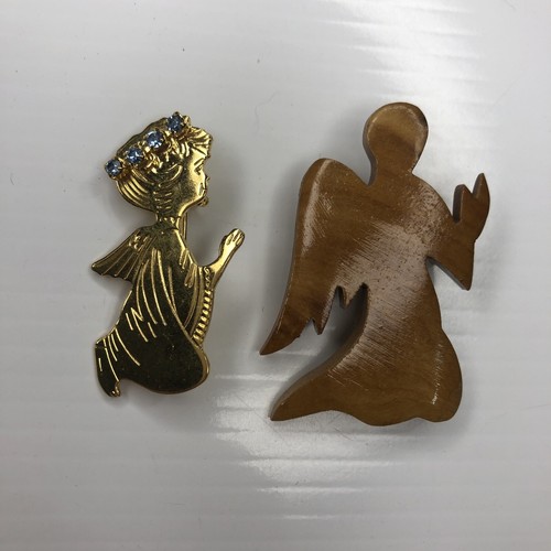 X Lot Vtg Retro Pins Brooches Poly Wood Angel Resin Gold Blue Crystals 60s 70s