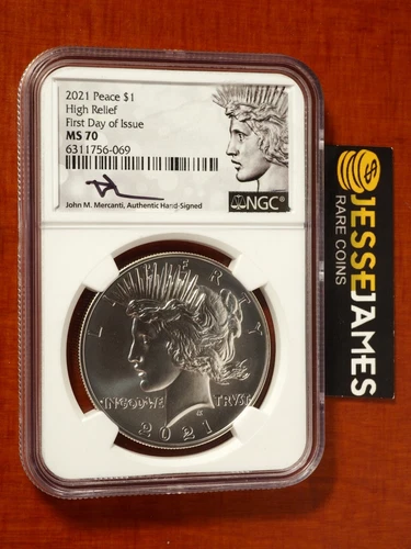 2021 $1 SILVER PEACE DOLLAR NGC MS70 MERCANTI SIGNED FIRST DAY ISSUE FDI LABEL