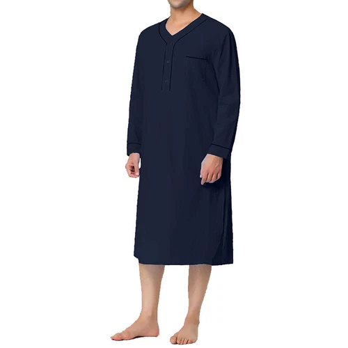 Herren Baumwolle Nachthemd Langarm Locker Lang Schlafshirt Pyjama Nachtwäsche Kleid - Bild 16 von 41