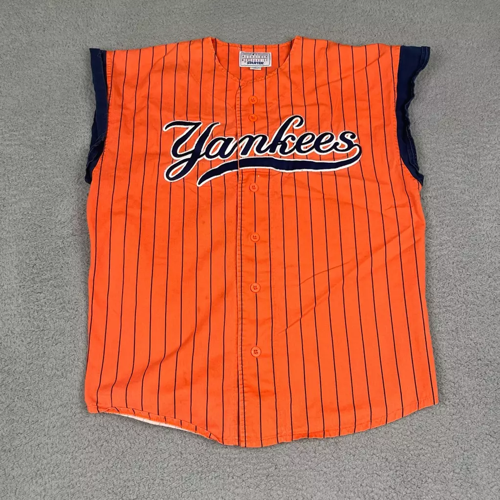 New York Yankees Starter Mens Baseball Jersey Button Up Orange Stripe MLB M