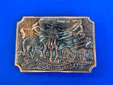 Tall In The Saddle Western Rodeo Cowboy On Trail With Covered Wagon Belt Buckle
