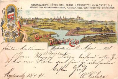 GRUSS VON DER DREIKAISR ECKE MYSLOWITZ THREE KINGS GERMANY AUSTRIA POSTCARD 1898