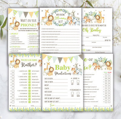 BABY SHOWER SPIELE Dschungelblatt Unisex Vorhersagekarten Wer weiß Mama Beratung Auto