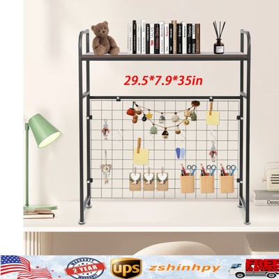 Desk Storage Shelf Office Table Computer Rack Desktop Bookshelf Black with Grid