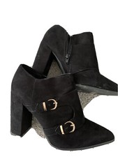 Black Suede Ankle Gold Buckle Boots