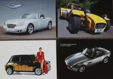 4 car postcards: Jensen S-V8 luxury sports car, BMW Z8, CATERHAM, MINI COOPER