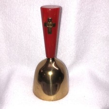 Campana de boda iglesia de latón con mango de baquelita roja cruz vintage 5,25" T sin marca