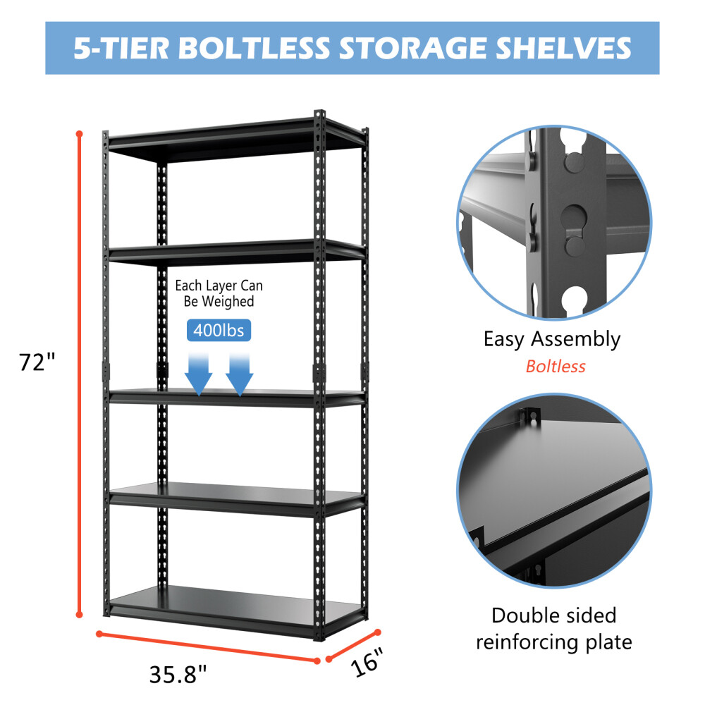 MOPHOTO 5 Tier Garage Shelving Heavy Duty Hold 2000LBS 72"Garage