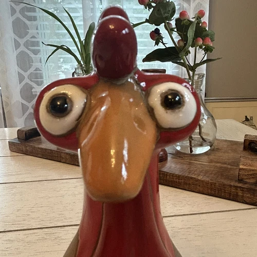 Italian Chicken Yard Art Goofy Eyes Italian Red ware Heavy Glossy Big Eyes 8.5”