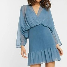 ASOS Pleated Batwing Mini Dress Women 6 Blue Cold Shoulder Wrap V-Neck