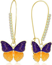 Bohemian Lightweight 14K Gold Enamel Butterfly Dangle Drop Earrings Dainty Spark