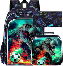 3PCS Boys Dinosaur Soccer Backpack, School Bookbag with Lunch Box, Water Resista