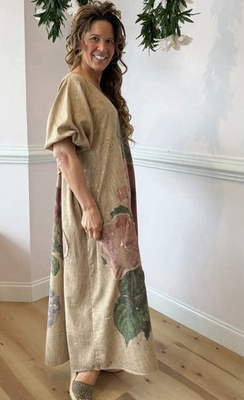 #ad One Size Oversized Linen Floral Maxi Dress Beige Pullover Tie Waist Short $68.00