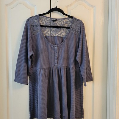 Torrid Lavender Gray Lace-Yoke Waffle Henley Tunic W 2/3 Sleeves Women's Size 2