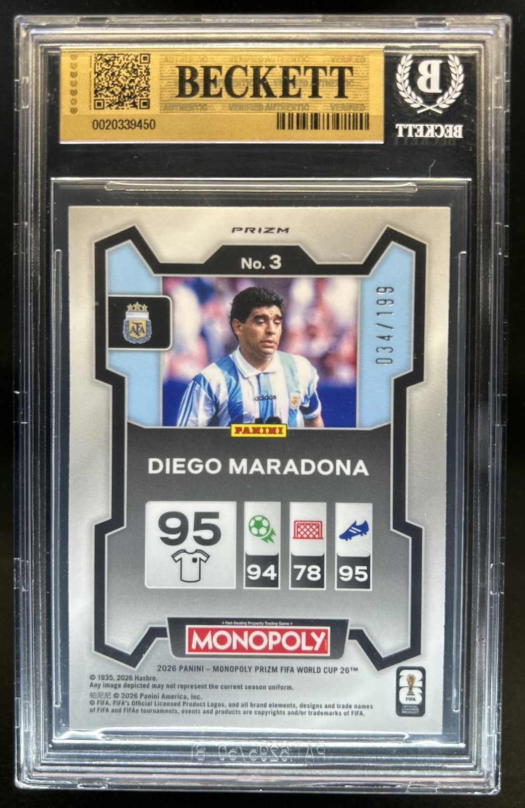 2026 Panini Prizm Monopoly World Cup Diego Maradona Pink #/199 Argentina BGS 9.5 view 2